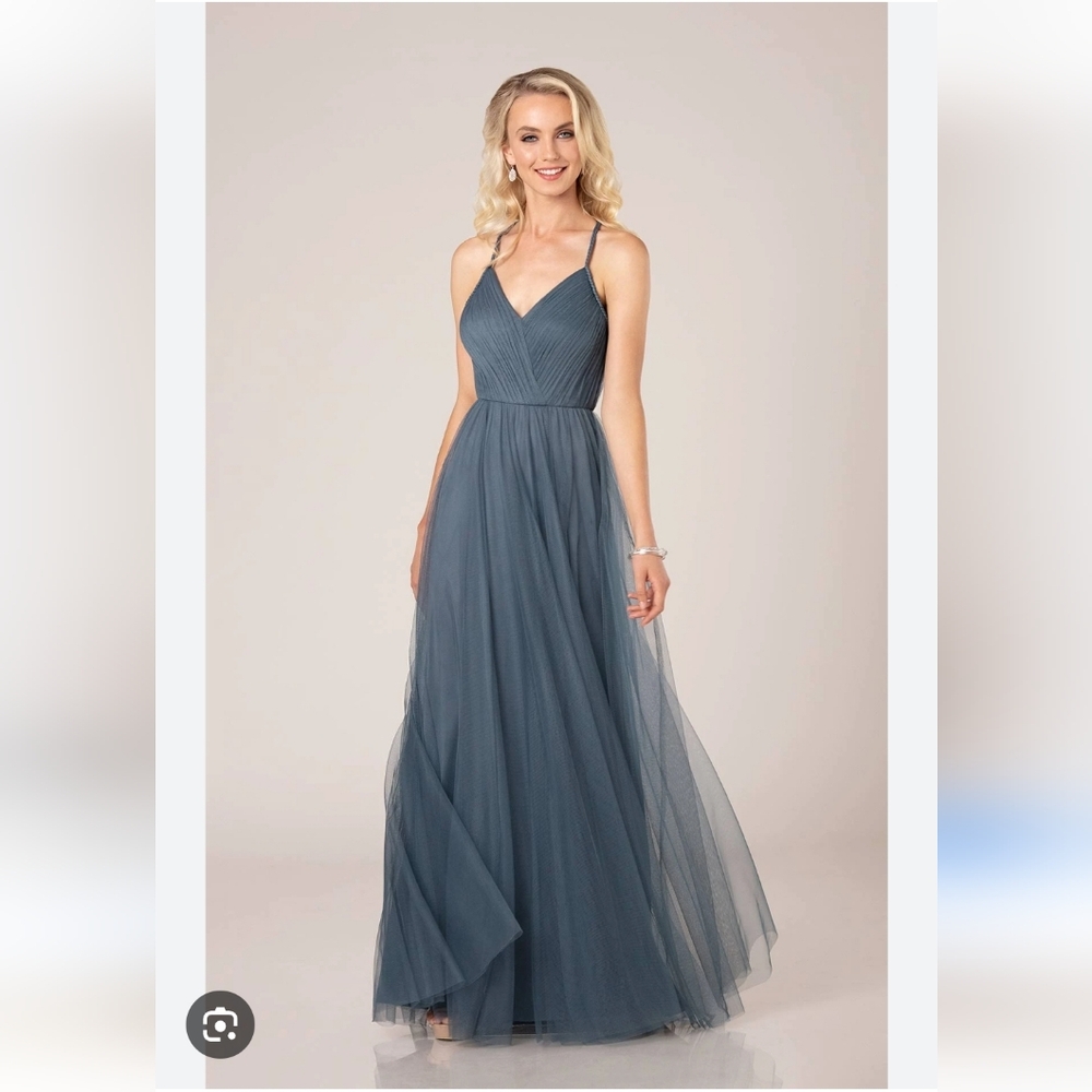 Size 10 slate to blue soft net Aline gown w/ thin braid straps and V-neck NWT